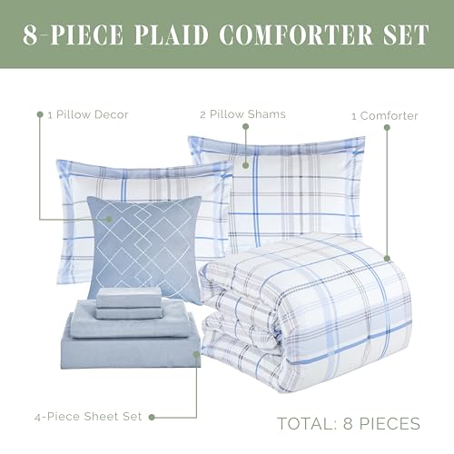 Image of Elegant Comfort 8-Piece Lodge Plaid Reversible Comforter Set - All Season Bed in a Bag, 4-Piece Sheet Set Featuring Smart Pockets, Matching Shams and Decorative Pillow, Full /Queen, Aqua