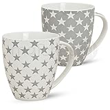 matches21 Große Jumbo Kaffeebecher Tassen Becher Stern grau weiß 2er Set aus Porzellan gefertigt, je 12 cm hoch / 600 ml