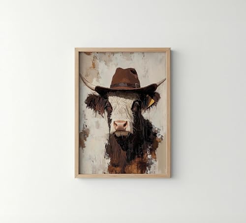 Image of aj decor Highland Cow Cowboy Hat Wall Art Print Poster, Dog Pet Lover Picture Painting Artwork Bedroom Living Room Office Dining Room 151D (Highland Cow Cowboy Hat, 11 inch W x 14 inch L, Wood Frame)