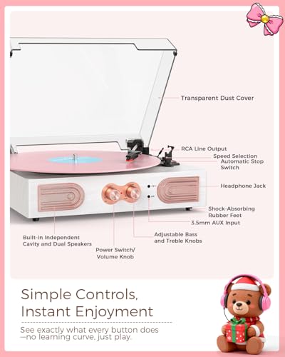 Image of Vinyl Record Player, White & Rose Gold, Built-in Speakers, 3-Speed Belt-Drive Turntable for Beginners, Easy Setup, Vintage Style Record Player Gift