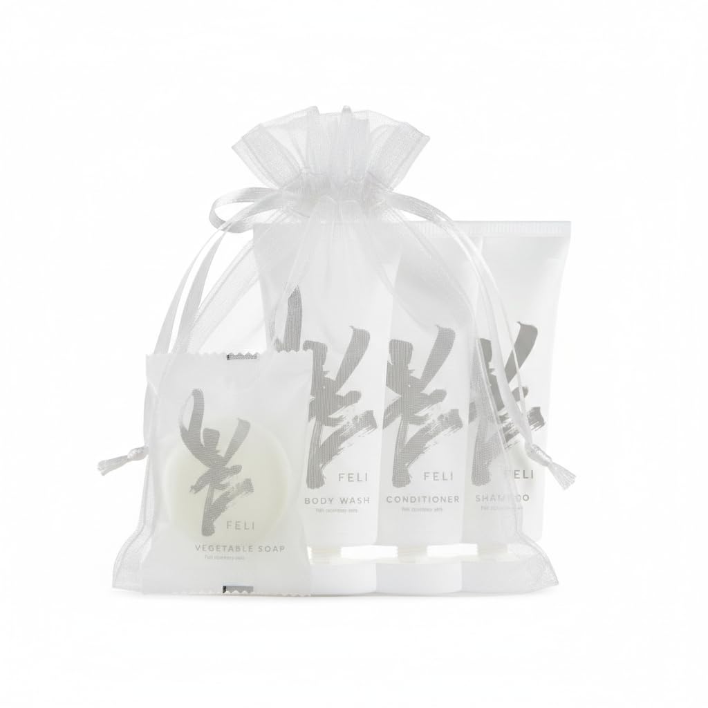 Feli Kit Cortesia Hotel – Shampoo 30 ml, Balsamo, Docciaschiuma Saponetta 20 g – Sacchetto Elegante – Ideale per Hotel, B&B, Agriturismi (S, 25, unità)