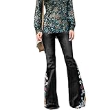 Hand wash and machine wash. HongHu Pantalones de Mezclilla de Tiro Medio con Bordado Floral para Mujer Pantalones Vaqueros con Campana Negro 2XL