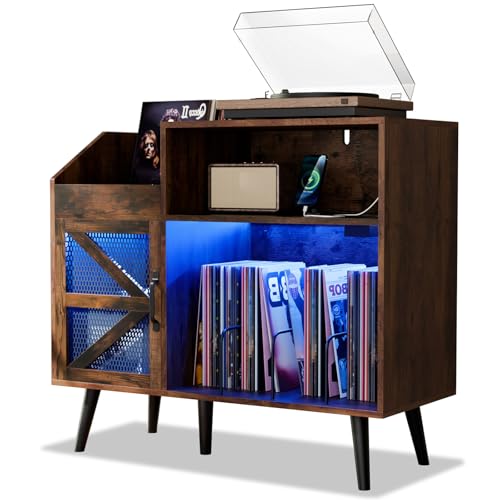 MULEJYBO Large Rustic Record Player Stand with Magnetic Door,350 Vinyl Record Storage Cabinet...