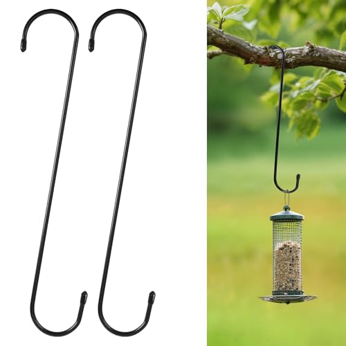 WWYICHEN 16 Inch Large S Hooks for Hanging Plants Black Metal Heavy Duty Long Hook for Hanging Bird Feeder Bird House Clothes Wind Chimes Flower Basket 2 Pack