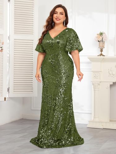 Image of Plus Size Glamous Short Sleeves Womens Sequin Dress Formal Gowns Evening Glitter Mermaid Prom Dress