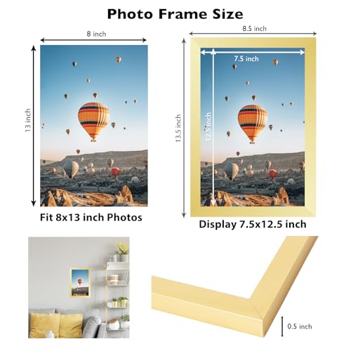 Image of JCJMY 8x13 Picture Frame Gold for Wall Hanging or Tabletop, Wall Mounting Horizontally or Vertically, 8 x 13 Wall Gallery Poster Photo Frame with Shatter Resistant Plexiglass, Gold