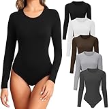 TVKSOM 4/5 Pack Long Sleeve Bodysuit for Women Round Neck Casual Basic Stretchy Body Suits Tops