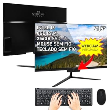 Computador All In One Preto Intel Core i5 21,5" 8GB SSD 256GB 4 Núcleos Super Turbo Hdmi Teclado e Mouse Sem Fio Strong Tech
