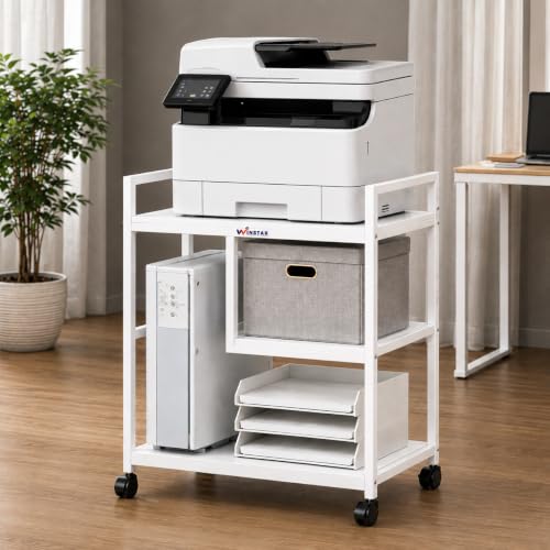 Image of WINSTAR Printer Stand, Solid & Sturdy, Modern Contemporary Look, Space Saving, Made in India (White, 3 Tier Split Shelf)