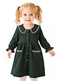 HILEELANG Toddler Girl Fall Dress Green Cotton Striped Long Sleeve Button Front Peter Pan Collar Lace Pockets Chirstmas Holiday Dress 2T