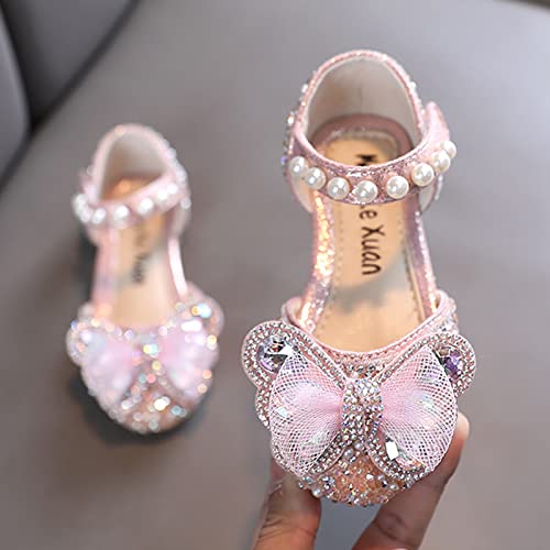 Girls White Dress Shoes Fashion Spring and Summer Girls Sandals Dress Performance Dance Shoes Mesh Rhinestone Bow Hook (Pink-2, 3 Big Kids)3