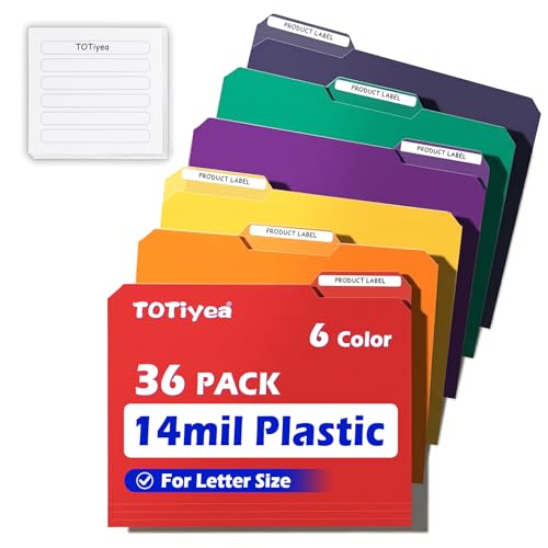 TOTiyea 36 Pack Heavy Duty 14mil Plastic File Folders Letter Size with Tabs, Colored Poly File Folders with Strong Sticky Labels, Expandable Manila, for Hanging File System Office School Organization