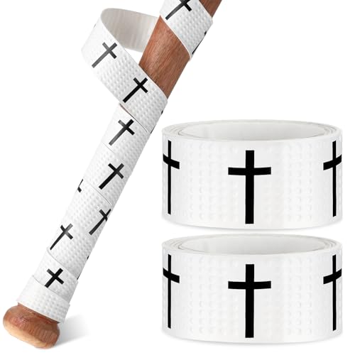 Pushglossy 2 Pcs Baseball Bat Grip Tapes, Faith Cross Bat Grip Tape, 1.1mm Precut Full Adhesive Baseball Wrist Tape, Scripture Designs Non-Slip Religious Baseballs Grips Tapes(Cross,White)