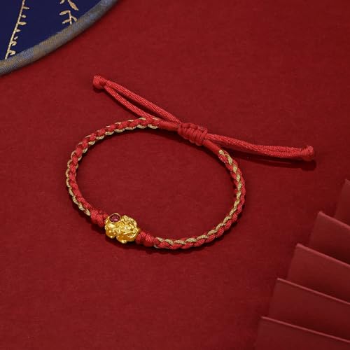 Women's Strand Bracelets 24K Solid Gold Red Bracelet Feng Shui Pixiu Lucky Real Gold Jewelry Adjustable String Braided Rope Bracelet for Women Girlfriend4