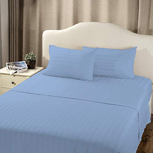 Image of (1 Flat Sheet Only,Light Blue Stripe , Cal Queen) 100% Egyptian Cotton Luxurious 600 Thread Count