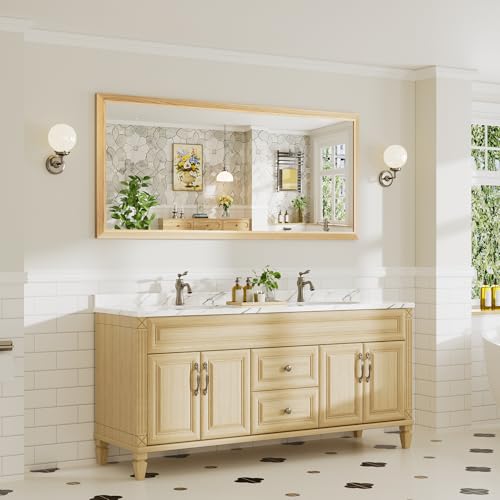 Image of 72x32 Inch Bathroom Mirror for Wall, Anti-Rust Oak Wood Grain Metal Framed Bathroom Mirrors for Over Sink,Rectangler Mirrors for Bathroom Vanity, Farmhouse, Bedroom, Living Room, Entryway Decor