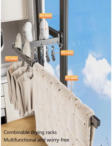 Retractable Wall-Mounted Clothes Drying Rack, Multifunctional Foldable Hanger with Hooks for Efficient Clothes Drying（Gun Gray,Five）