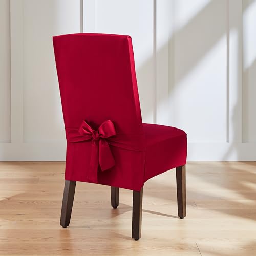 Image of SureFit Cove Cotton Canvas Short Dining Room Chair Covers, Dining Chair Cover with 6 Inch Skirt, Removable and Machine Washable, Set of 2 Dining Chair Covers, Claret