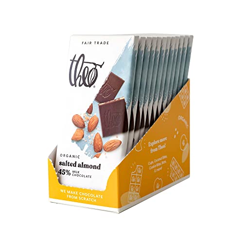 Theo Chocolate Salted Almond Organic Milk Chocolate Bar, 45% Cacao, 12 Pack | Fair Trade #TOP2