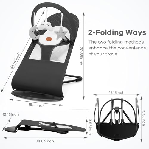 HKAI Baby Bouncer, Portable Baby Bouncer Seat for Babies 0-18 Months, 100% Cotton Fabrics, 3 Modes of use with Rocker and Stationary Options, Infant Rocker Chair with Hanging Toys-Dark Grey - Image 4