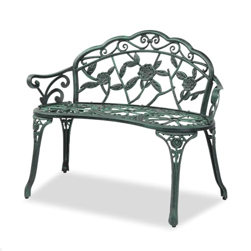 VINGLI 38.5" Patio Park Garden Outdoor Metal Rose Bench,Cast Iron Cast Aluminium Frame Antique Finish Chair,Accented Lawn Front Porch Path Yard Decor Deck Furniture for 2 Person Seat(Green&Black