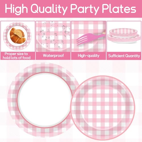 Image of 200 PCS Pink Checkered Tableware Disposable Pink And White Checkered Party Supplies Dinnerware Set Plaid Plates Outdoor Supplies Girls Barbecue Picnic Birthday Party Decoration Serve 50 guest