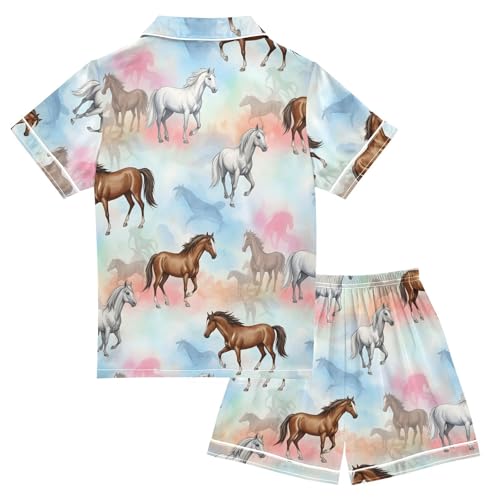 Satin Pajama Sets Short Sleeve Horses Running on Colorful Button Down Silky Nightwear 2 Piece PJS 5-14Y2
