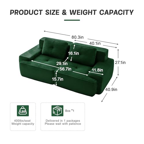 Image of 82 inch Modern Modular Boneless Couch for Living Room, 2 Seat, Soft Corduroy Fabric, Deep Seat Cloud sectional Sofa with Pearl Like Piping and Tufted Design, No Assembly, Anti Slip, Green