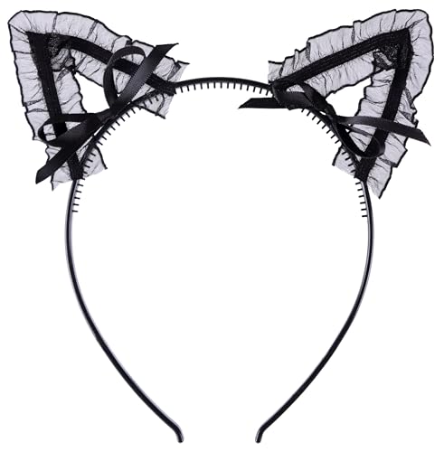 Bonnie Z. Leonardo Plastic Cat Ears Headband Lace Cat Bow Black
