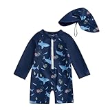 Felcia Baby-Badeanzug für Jungen, 2-teilig, Hai-Druck, langärmlig, halber Reißverschluss, mit Sonnenhut, A-blau., 18-24 Monate