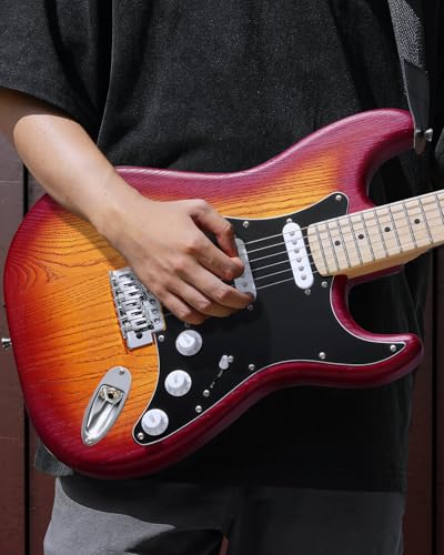 Image of DONNER DST-80 Electric Guitar 39 inch Beginner Electric Guitar Kit with Amp, Classic SSS Pickup Complete with Gig Bag, Tuner, Capo, Strap, Picks, and Free Online Lessons, CherryBurst