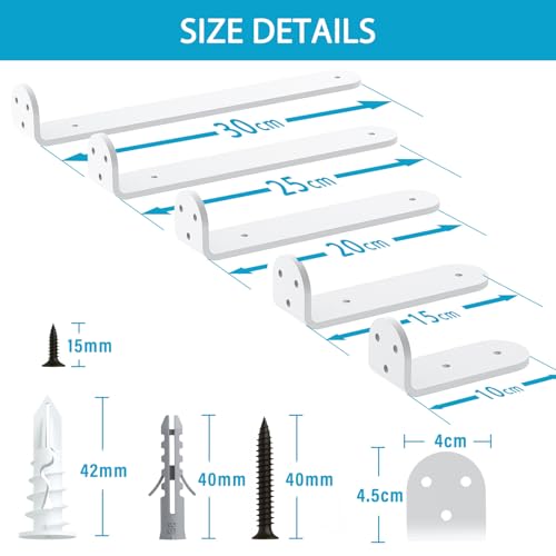 WELDUN Paquete de 4 soportes flotantes para estantes de 40 cm, soportes en L de metal resistente para colgar en la pared, color blanco - imagen 5