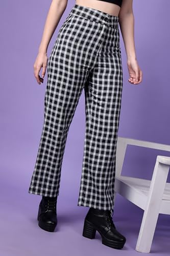 Image of POPWINGS Casual Check Print Button and Zip Closure Trouser for Women | Western Wide-Leg Trouser for Women | Summer Trousers for Women | Comfortable Semi-Formal Work Trouser for Women