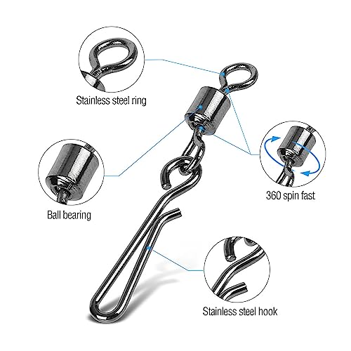 Realure 100 Pcs/5 Sizes Quick Change Fishing Rolling Connector Fishing Swivel with Hanging Snaps 4# 6# 8# 10# 12# Sea Fishing Snap Barrel Swivels and Clips for Connecting Fishing Lure & Line