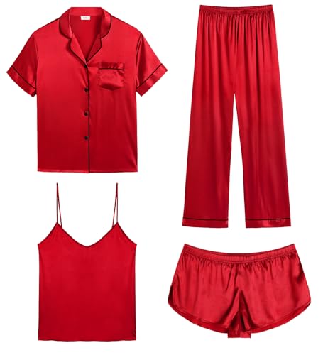 Image of SWOMOG Womens Silk Satin Pajamas Sets 4pcs Sleepwear Sexy Cami Shorts Set and Button Down Short Sleeve Pjs Loungewear Candy Red Medium