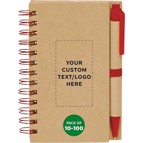 Custom Mini Spiral Notebooks with Black Ink Pens Set of 100, Personalized Bulk Pack - Perfect for School, Office, Business, Home - Red