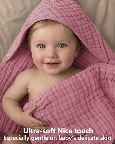 Image of Baby Girl Bath Towels, 100% Muslin Cotton Hooded Baby Towels for Newborn, 2 Pack Baby Towels with Hood for Infant Toddler and Kids, Large 32x32Inch Bath Essentials, Soft and Absorbent