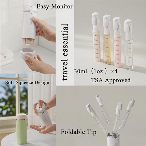 PIQOLA 4 in 1 Travel Dispenser Bottle, Leak Proof Refillable Travel Toiletry Containers, Travel Bottles Set Meets TSA 3-1-1 Requirements for about 3 Days Business Trip (Per Person), 4 x 30ml, White - image 5