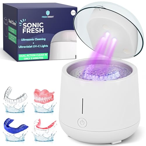 Fresh Knight Ultrasonic Retainer Cleaner, 45kHz Retainer Cleaner Machine for Denture Cleaner, Retainer Cleaner, Mouth Guard Cleaner, Night Guard Cleaner, Denture Cleaner with 200ML Dental Cleaning Pod