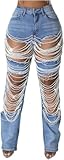 KELYWELL Womens Rhinestone Cut Out Jeans Straight Leg High Waisted Ripped Pearl Beaded Jeans Chain Boyfried Denim Pants (Blue Pearl,Medium)