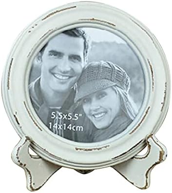 SIKOO Rustic Farmhouse Round Picture Frame 5.5x5.5 Antique Distressed Photo Frame Tabletop and Wall Hanging With High Definition Glass Front for Home Decor, White