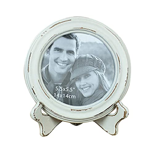 Sikoo Rustic Farmhouse Round Picture Frame 5.5X5.5 Antique Distressed Photo Frame Tabletop And Wall Hanging With High Definition Glass Front For Home Decor, White #TOP16