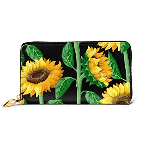 Preisvergleich Produktbild JHGFG Mode Handtasche Reißverschluss Brieftasche Nahtloses Muster Sonnenblumen Auf Schwarzem Hintergrund Telefon Kupplung Geldbörse Abendkupplung Blockieren Leder Brieftasche Multi Card