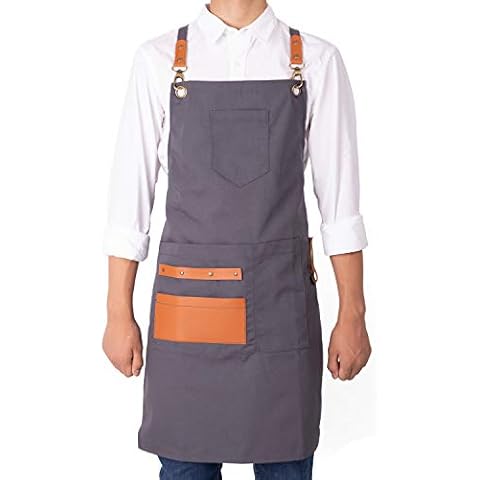 NEOVIVA Work Apron with Pockets, Woodworking Aprons for Men, Canvas Tools Apron Adjustable M to XXXL Cross Back for Barber, Kitchen, Garden, Pottery, Garage, Craft Workshop, School (Neutral Grey) Cover