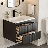 24 Inches Modern MDF Bathroom Vanity with Sink, Wall Mounted Floating Cabinets w/Double Drawers, Black Handles, White Resin Sink Combo Set (Black, 24')
