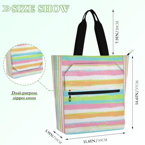 Colourful Stripes Book Tote Bag,Large Capacity Handbag with Zipper Perfect for School,Travel,Shopping2