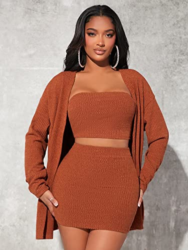 Verdusa Women\'s 3 Piece Outfit Crop Bandeau Top and Bodycon Skirt with Cardigan Rust Brown M