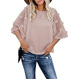 Women's 3/4 Sleeve Chiffon Blouse Round Neck Pom Pom Elegant Loose Fit Tops Summer Swiss Dots Casual Work Fashion Shirts, Pink, XX-Large