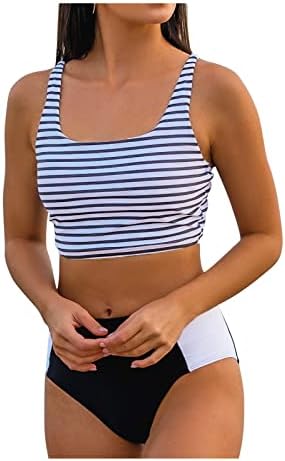 DueHony Women Two Piece High Waisted Bikini Sporty Teen Girl Swimsuit Crop Tankini Swim Top Striped Colorblock Bathing Suit
