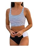 DueHony Women Two Piece High Waisted Bikini Sporty Teen Girl Swimsuit Crop Tankini Swim Top Striped